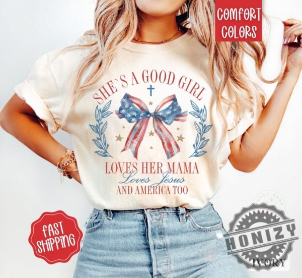 Loves Jesus And America Too Patriotic Christian July 4Th Usa Red White And Blue God Bless America Shirt honizy 1