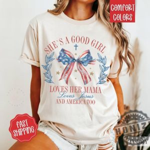 Loves Jesus And America Too Patriotic Christian July 4Th Usa Red White And Blue God Bless America Shirt honizy 2
