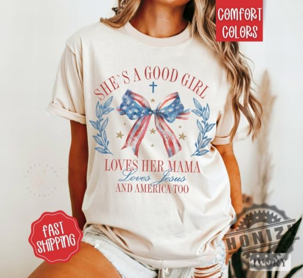 Loves Jesus And America Too Patriotic Christian July 4Th Usa Red White And Blue God Bless America Shirt honizy 2