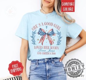 Loves Jesus And America Too Patriotic Christian July 4Th Usa Red White And Blue God Bless America Shirt honizy 3