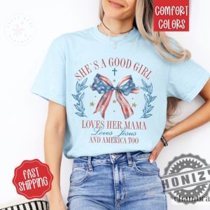 Loves Jesus And America Too Patriotic Christian July 4Th Usa Red White And Blue God Bless America Shirt honizy 3
