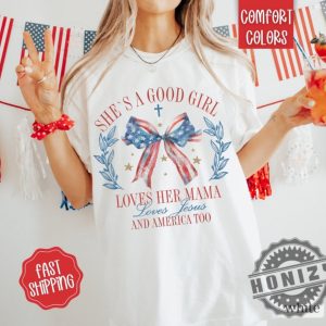 Loves Jesus And America Too Patriotic Christian July 4Th Usa Red White And Blue God Bless America Shirt honizy 4