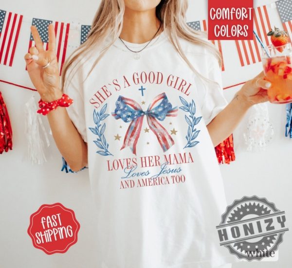 Loves Jesus And America Too Patriotic Christian July 4Th Usa Red White And Blue God Bless America Shirt honizy 4