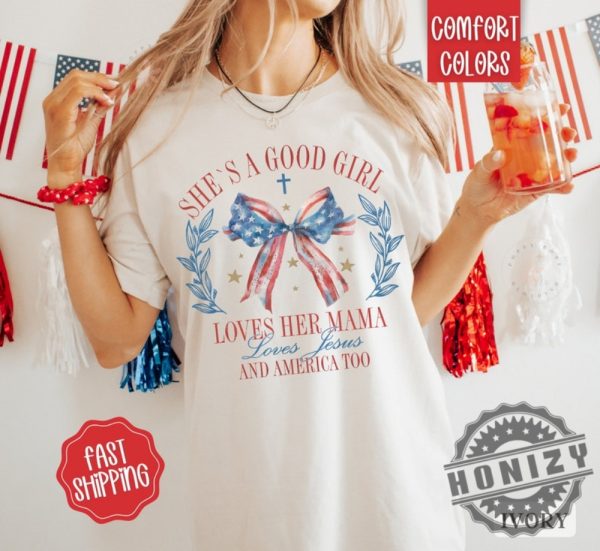 Loves Jesus And America Too Patriotic Christian July 4Th Usa Red White And Blue God Bless America Shirt honizy 5