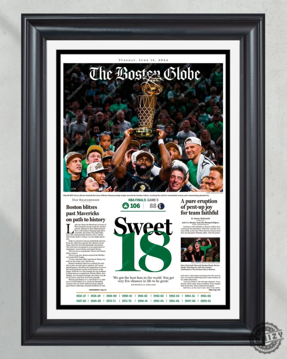 2024 Boston Celtics Sweet 18 Nba Champions Framed Poster Canvas