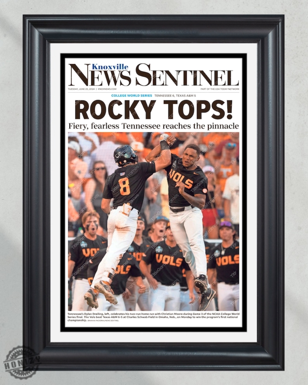 2024 Tennessee Volunteers Cws Champions Rocky Tops Framed Commemorative Poster
