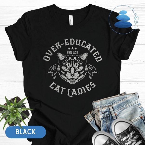 Overeducated Cat Lady Shirt Rocker Hoodie Vote 2024 Feminist Voting Sweatshirt Anti Republican Tshirt Pro Choice Liberal Fight For Democracy Shirt honizy 3