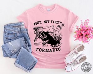 Not My First Tornadeo Funny Tornado Chaser Cowboy And Lasso Shirt Not My First Tonado Glen Powell As Tyler Owens Twisters Shirt honizy 2