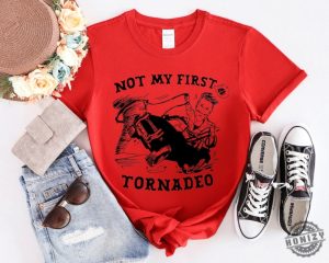 Not My First Tornadeo Funny Tornado Chaser Cowboy And Lasso Shirt Not My First Tonado Glen Powell As Tyler Owens Twisters Shirt honizy 4