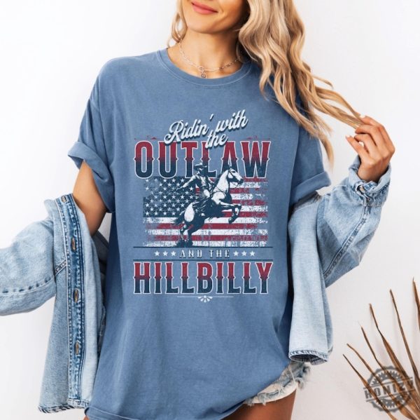 Ridin With The Outlaw And The Hillbilly Trump Shirt 2024 Election Conservative Political Republican Trump Supporter Presidential Voting Maga Shirt honizy 2