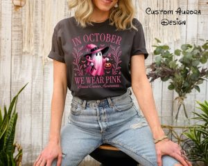 In October We Wear Pink Ghost Shirt Halloween Ghost Sweatshirt Pink Ribbon Tshirt Breast Cancer Awareness Hoodie We Wear Pink Halloween Shirt honizy 2