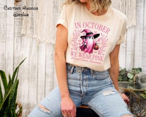 In October We Wear Pink Ghost Shirt Halloween Ghost Sweatshirt Pink Ribbon Tshirt Breast Cancer Awareness Hoodie We Wear Pink Halloween Shirt honizy 3