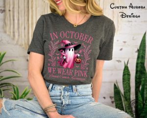 In October We Wear Pink Ghost Shirt Halloween Ghost Sweatshirt Pink Ribbon Tshirt Breast Cancer Awareness Hoodie We Wear Pink Halloween Shirt honizy 4