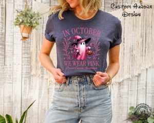 In October We Wear Pink Ghost Shirt Halloween Ghost Sweatshirt Pink Ribbon Tshirt Breast Cancer Awareness Hoodie We Wear Pink Halloween Shirt honizy 5