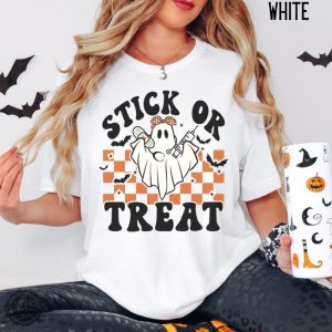 Ghost Nurse Halloween Shirt Stick Or Treat Sweatshirt Spooky Nurse Phlebotomy Tech Halloween Nurse Tshirt Hospital Halloween Party Shirt honizy 2