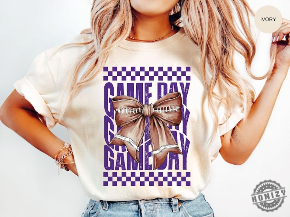 Game Day Football Shirt Team Mascot Hoodie Gameday Purple Coquette Bow Sweatshirt Football Mom Girly Trendy Teacher Tshirt