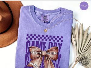 Game Day Football Shirt Team Mascot Hoodie Gameday Purple Coquette Bow Sweatshirt Football Mom Girly Trendy Teacher Tshirt honizy 3