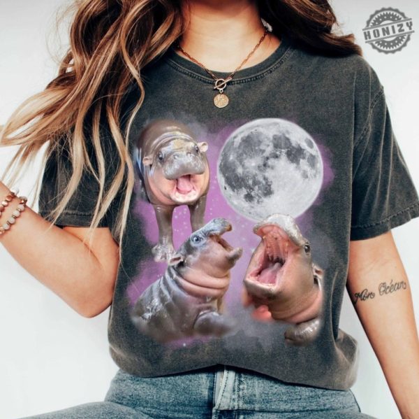 Moo Deng With The Moon Shirt Moo Deng Tshirt Cute Baby Hippo Moo Deng Bouncy Pig In Thai Hippopotamus Sweatshirt Hippo Lover Hoodie Funny Hippo Shirt honizy 1