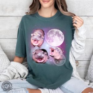 Cute Moo Deng With The Moon Shirt Baby Hippo Moo Deng Sweatshirt Bouncy Pig In Thai Hoodie Hippo Lover Tshirt Galaxy Moo Deng Shirt honizy 3