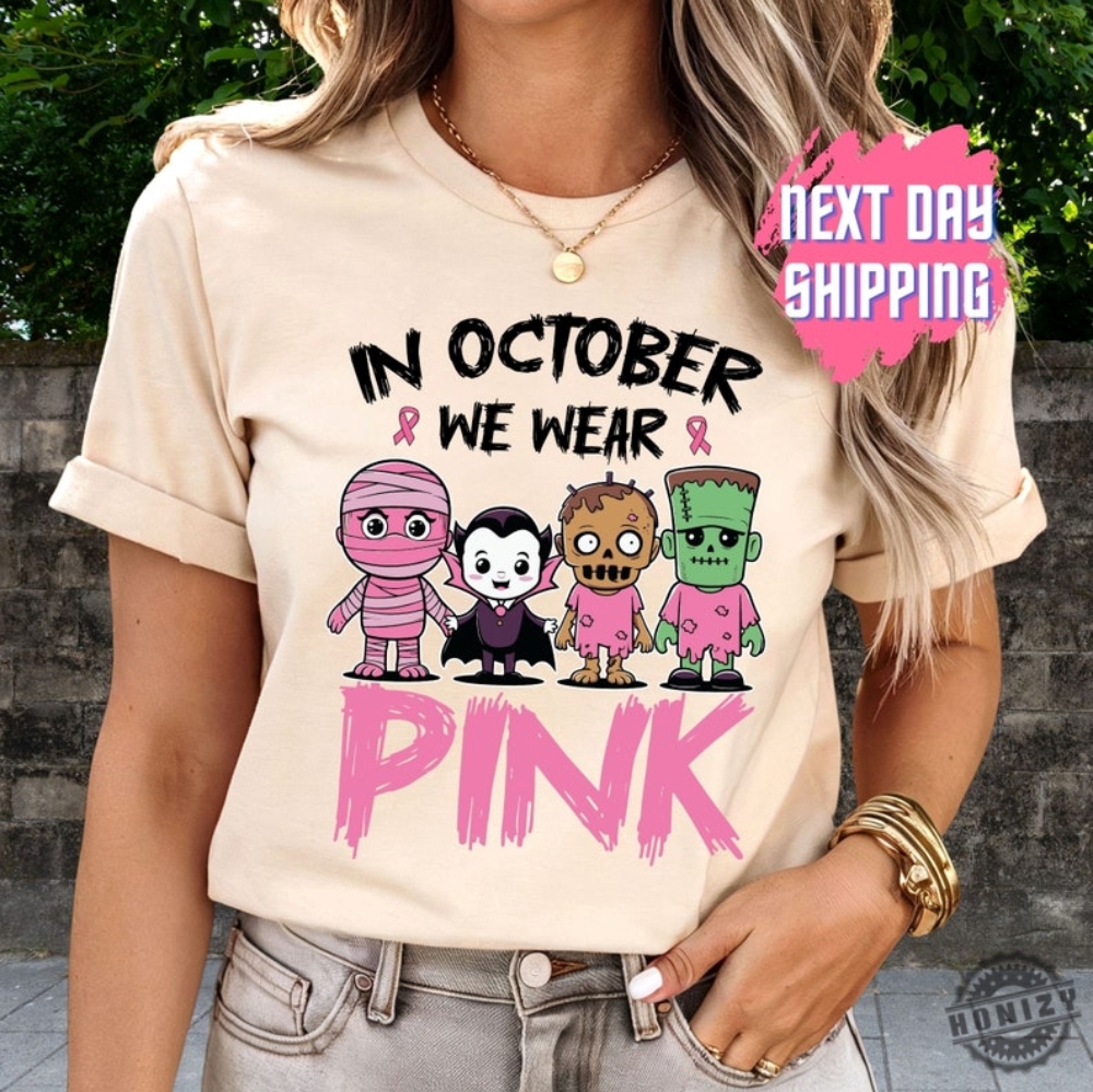 In October We Wear Pink Ghost Shirt Halloween In October We Wear Pink Tshirt Breast Cancer Awareness Sweatshirt Pink Ribbon Hoodie Wear Pink Pumpkin Shirt