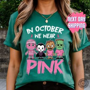 In October We Wear Pink Ghost Shirt Halloween In October We Wear Pink Tshirt Breast Cancer Awareness Sweatshirt Pink Ribbon Hoodie Wear Pink Pumpkin Shirt honizy 4