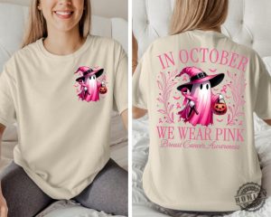 In October We Wear Pink Ghost Shirt Halloween In October We Wear Pink Tshirt Breast Cancer Awareness Sweatshirt Pink Ribbon Hoodie Wear Pink Pumpkin Shirt honizy 3 1