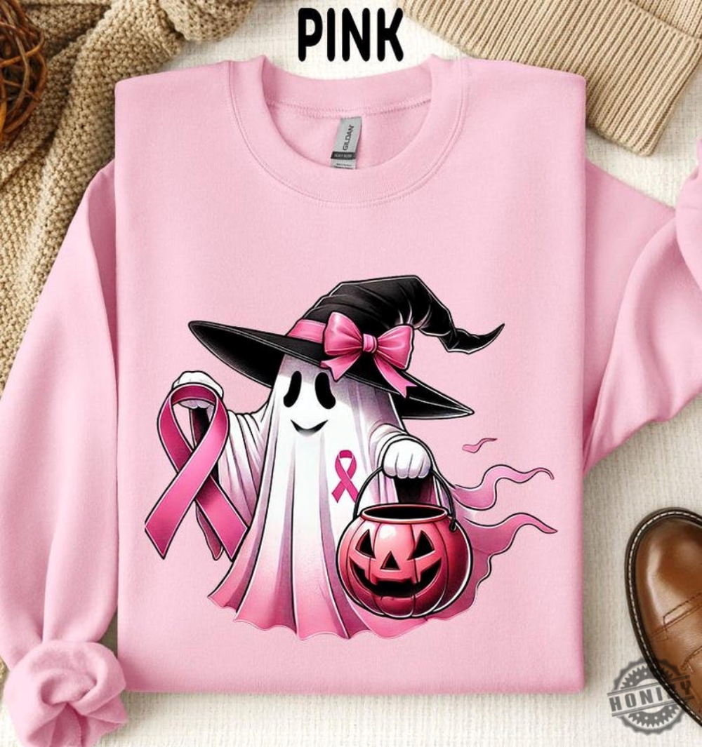 In October We Wear Pink Ghost Shirt Sweatshirt Breast Cancer Awareness Tshirt Pink Ribbon Hoodie Wear Pink Pumpkin Halloween Pink Ghost Shirt