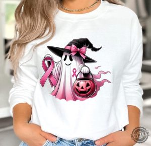 In October We Wear Pink Ghost Shirt Sweatshirt Breast Cancer Awareness Tshirt Pink Ribbon Hoodie Wear Pink Pumpkin Halloween Pink Ghost Shirt honizy 2