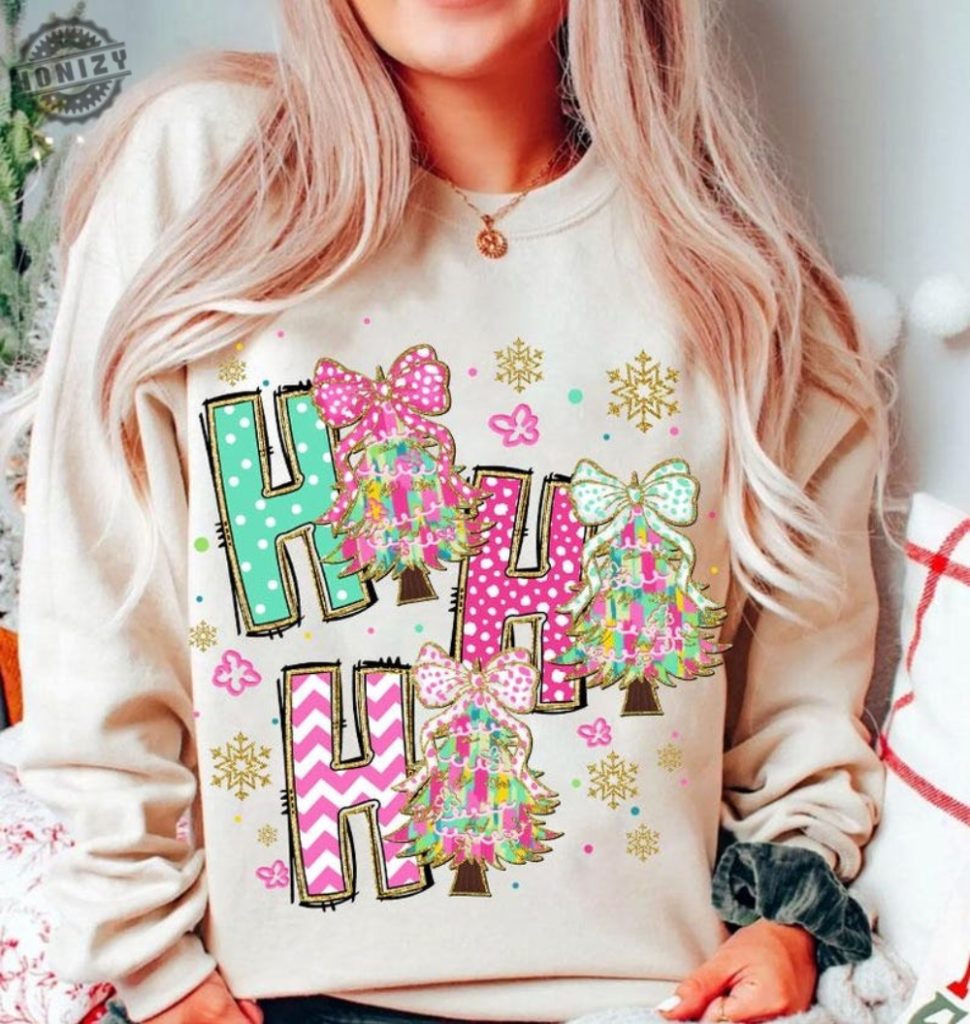 Colorful Coquette Glitter Christmas Tree Shirt Ho Ho Ho Christmas Tree Girly Tshirt Bright Color Christmas Coquette Bow Dalmatian Dots Hoodie Brushstroke Sweatshirt honizy 1