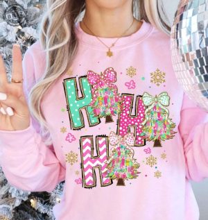 Colorful Coquette Glitter Christmas Tree Shirt Ho Ho Ho Christmas Tree Girly Tshirt Bright Color Christmas Coquette Bow Dalmatian Dots Hoodie Brushstroke Sweatshirt honizy 2