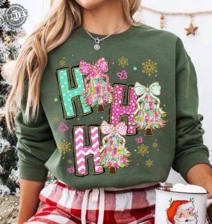 Colorful Coquette Glitter Christmas Tree Shirt Ho Ho Ho Christmas Tree Girly Tshirt Bright Color Christmas Coquette Bow Dalmatian Dots Hoodie Brushstroke Sweatshirt honizy 3