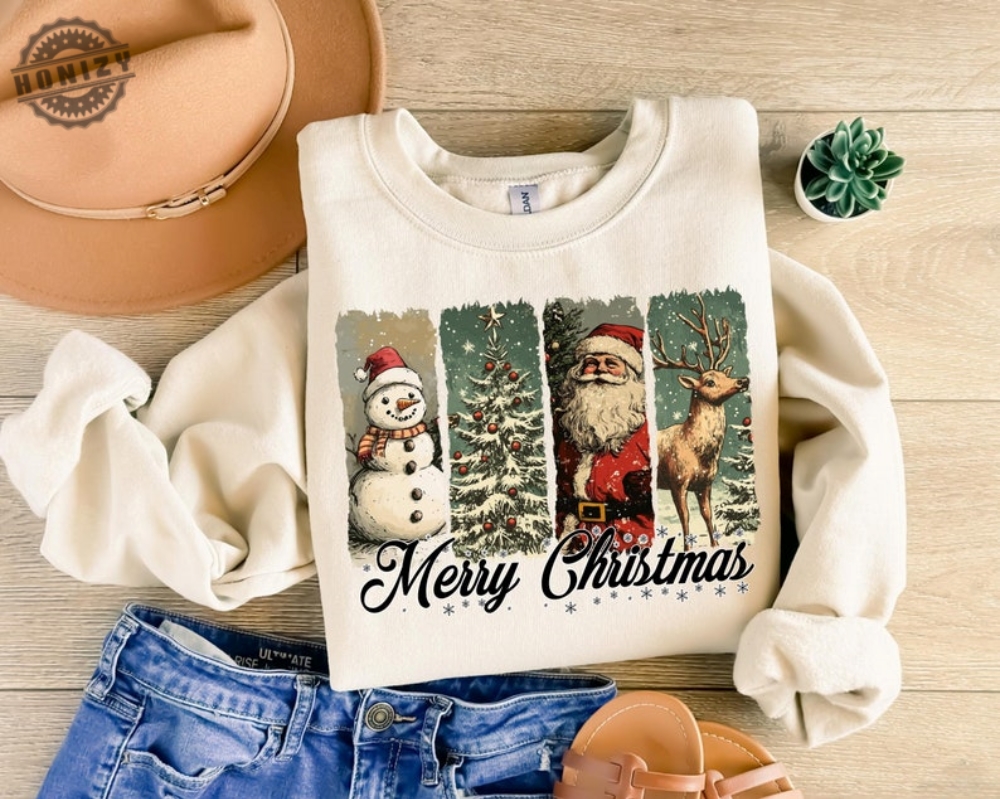 Retro Merry Christmas Shirt Santa Snowman Christmas Hoodie Xmas Tee Gift For Her Family Sweatshirt Pink Christmas Pullover Shirt