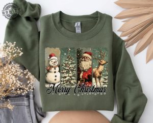 Retro Merry Christmas Shirt Santa Snowman Christmas Hoodie Xmas Tee Gift For Her Family Sweatshirt Pink Christmas Pullover Shirt honizy 2