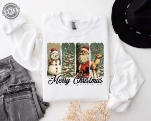 Retro Merry Christmas Shirt Santa Snowman Christmas Hoodie Xmas Tee Gift For Her Family Sweatshirt Pink Christmas Pullover Shirt honizy 3