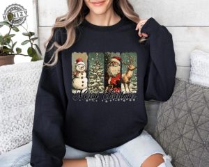 Retro Merry Christmas Shirt Santa Snowman Christmas Hoodie Xmas Tee Gift For Her Family Sweatshirt Pink Christmas Pullover Shirt honizy 4