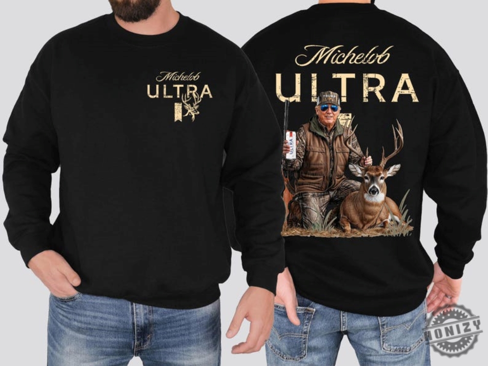 Hunting Trump Hoodie Tshirt Or Sweatshirt Front Pocket Deer Print  Bold Back Hunting Scene