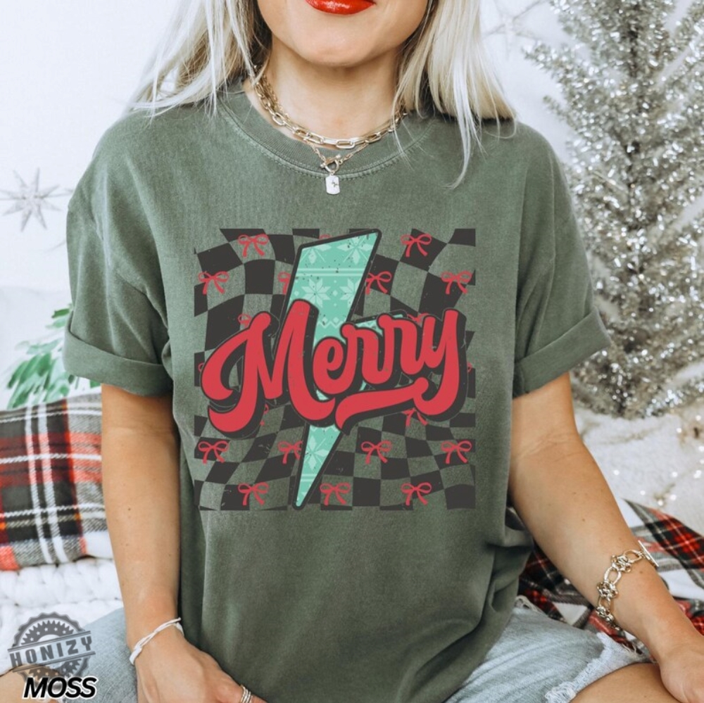 Checkered Christmas Shirt Merry Sweatshirt Coquette Christmas Tshirt Holiday Hoodie Merry And Bright Gift