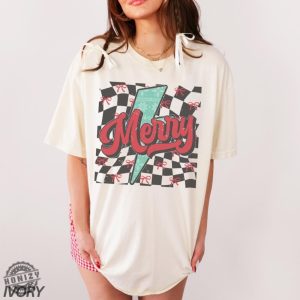 Checkered Christmas Shirt Merry Sweatshirt Coquette Christmas Tshirt Holiday Hoodie Merry And Bright Gift honizy 3