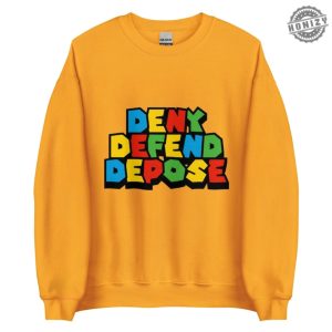 Deny Defend Depose Bold Statement Tee Colorful Protest Sweater Mario Font Hoodie Activist Graphic Sweater For Unisex Casual Wear honizy 2