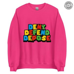 Deny Defend Depose Bold Statement Tee Colorful Protest Sweater Mario Font Hoodie Activist Graphic Sweater For Unisex Casual Wear honizy 6