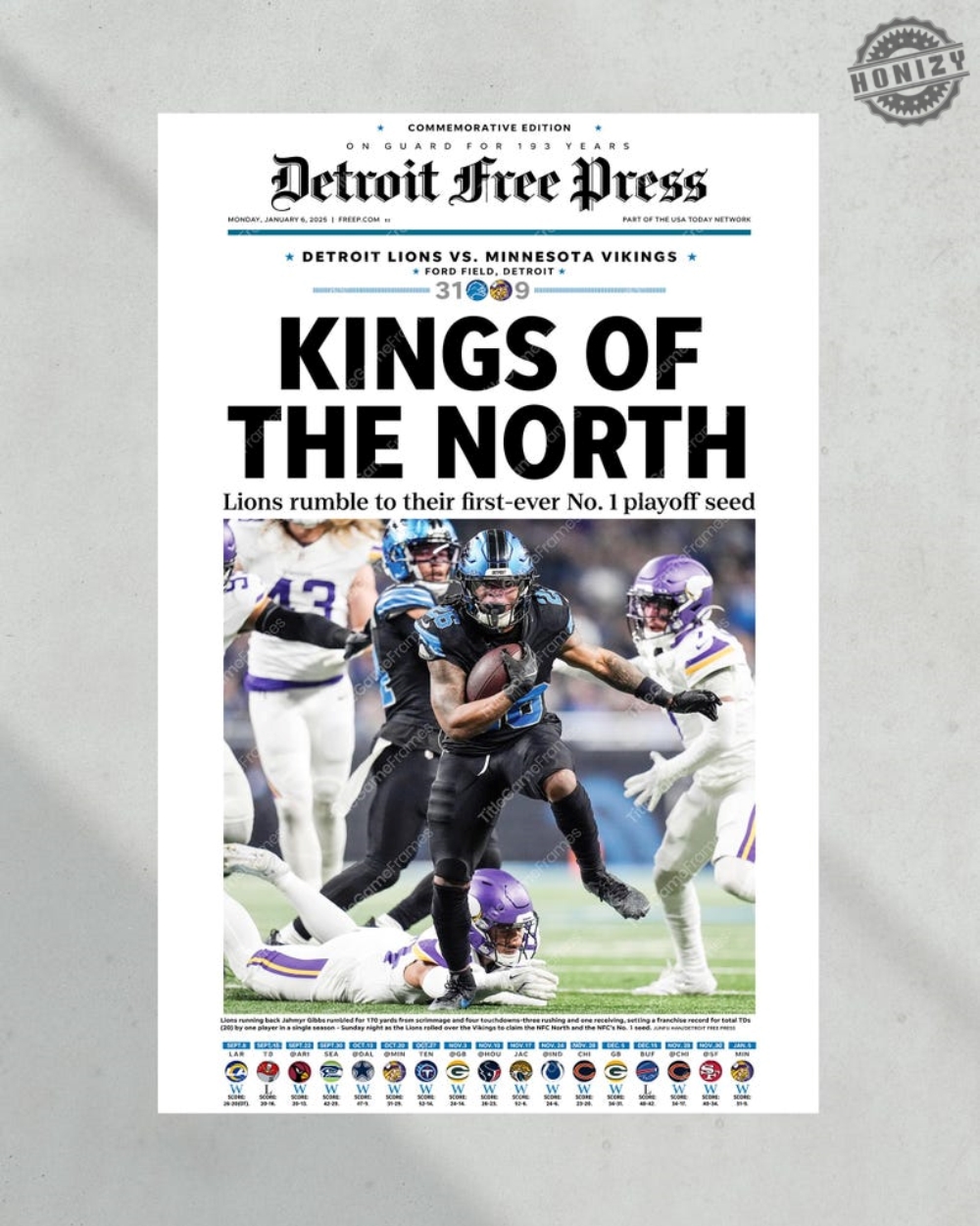 2025 Detroit Lions Historic Nfc No. 1 Seed Victory Kings Of The North Poster