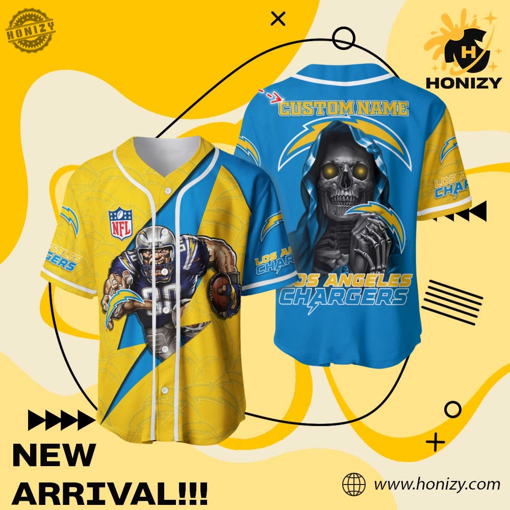 Jersey for fan NFL and anime 4 Nfl Los Angeles Chargers Skull Custom Name Unisex Vintage Baseball Jersey