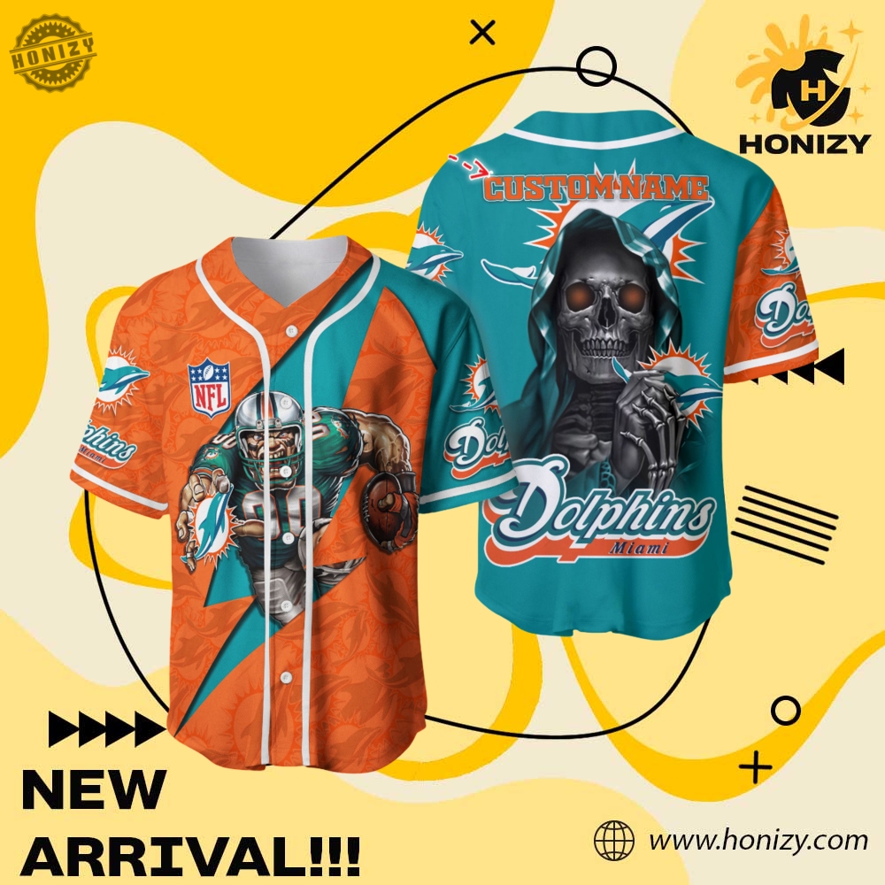 Jersey for fan NFL and anime 13 Nfl Miami Dolphins Skull Custom Name Unisex Vintage Baseball Jersey