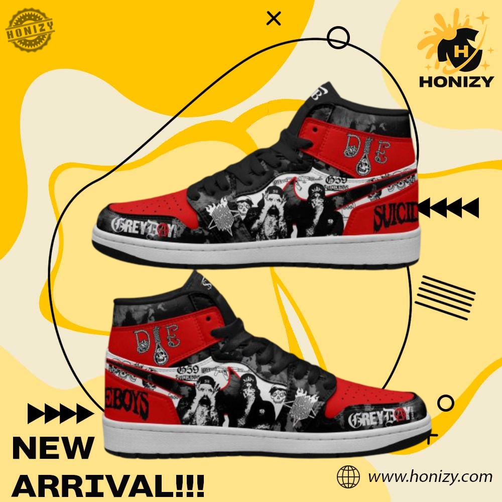 Shoes For NFL, NBA, Sport, Music Fan 9 Suicideboys Grey Day Music Black Red 2025 Air Jordan 1 Unisex Shoes